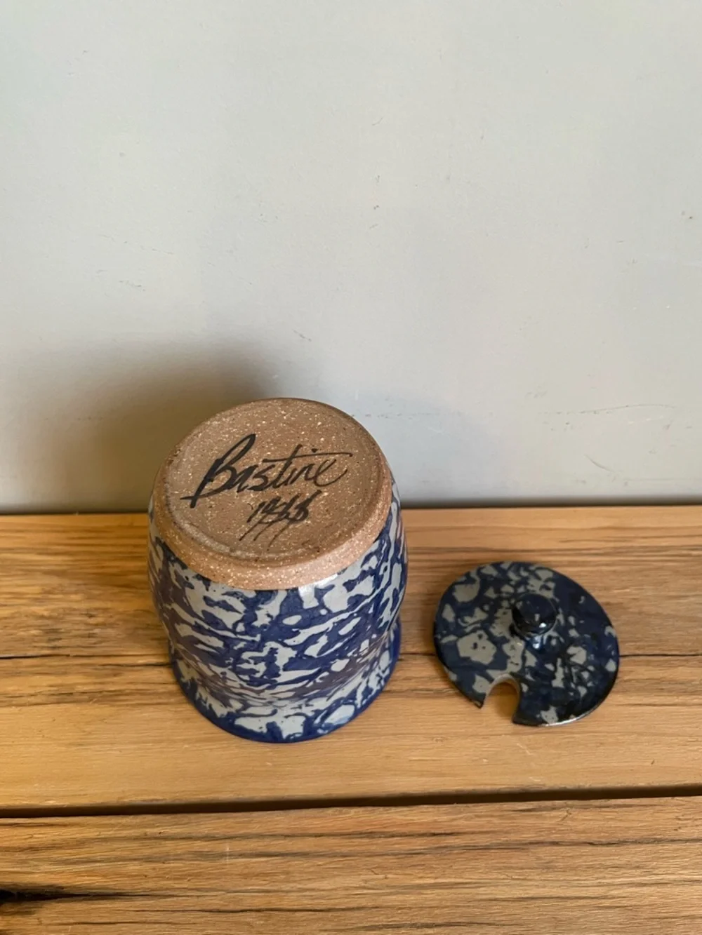 Bastine Pottery Indiana Blue Spongeware Stoneware Lidded Jar